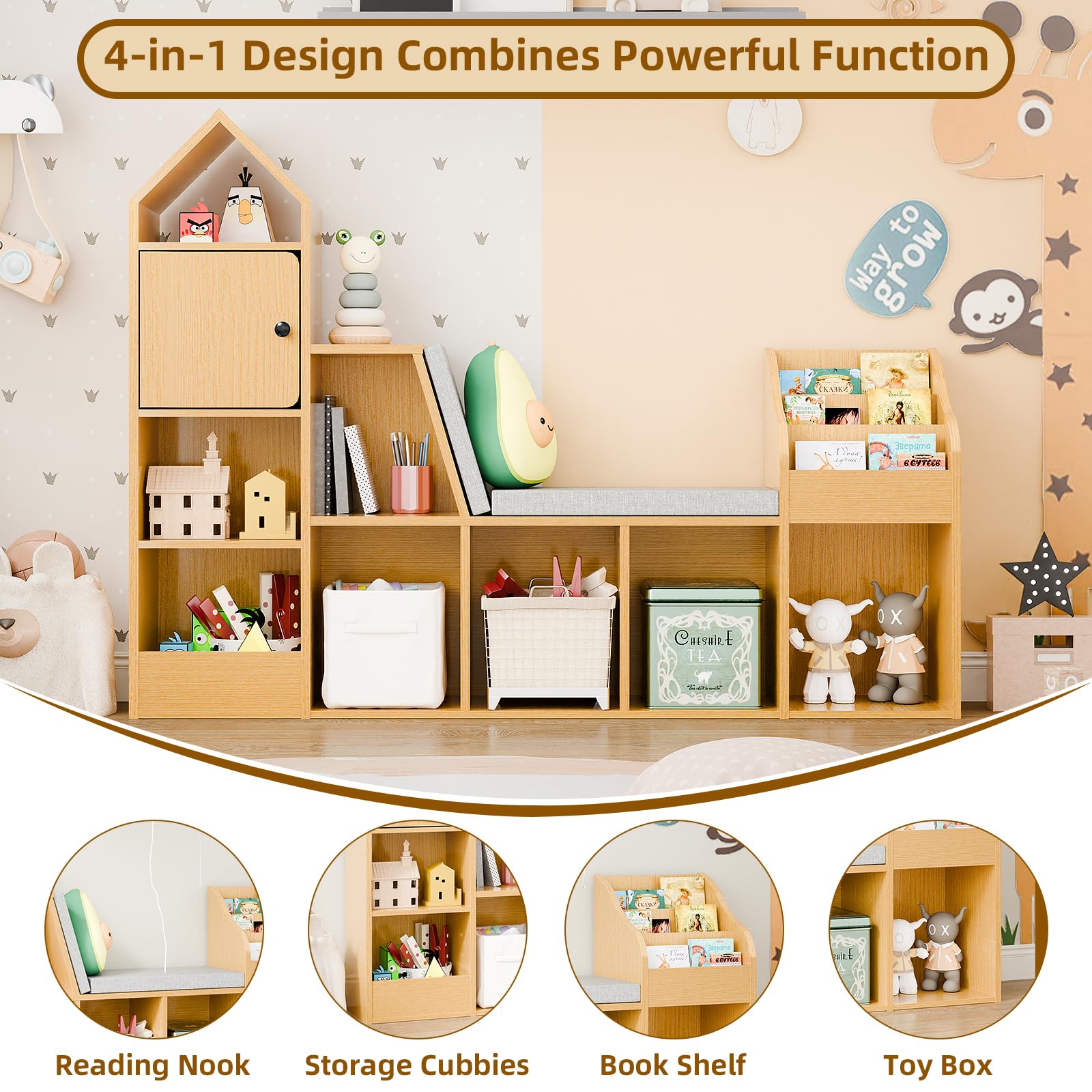 Vabches Kids Reading Nook with Bench - Bookshelf & Bookcase with Seat Cushion, 7 Open Storage Cubbies, 3-Tier File Organizers, Toy Storage Box & Chest for School, Playroom, Bedroom.