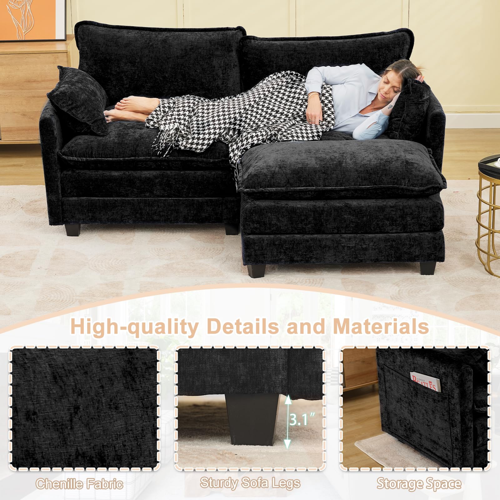 77.6" Sectional Sofa Cloud Couch with Ottoman, Comfy Deep Seat Sofa L Shaped Couch Modern Chenille Sofa Sleeper 2-Seat Loveseat Sectional Sofa Couch for Living Room Apartment, Black Sofa Couch