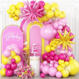 hot pink yellow balloon arch kit, yellow pink clear balloon garland kit with large pink gold star foil balloons, for baby shower butterfly fiesta princess birthday wedding bridal party decorations