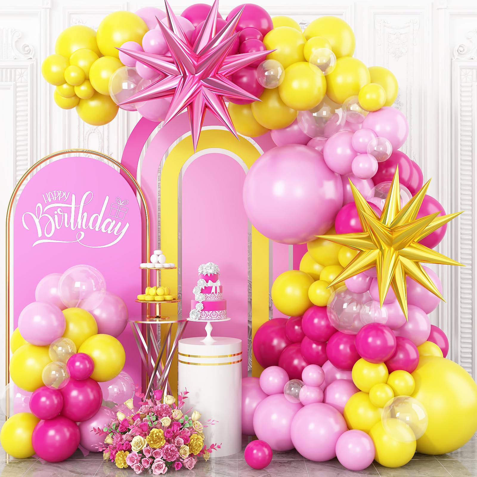 Hot Pink Yellow Balloon Arch Kit, Yellow Pink Clear Balloon Garland Kit with Large Pink Gold Star Foil Balloons, for Baby Shower Butterfly Fiesta Princess Birthday Wedding Bridal Party Decorations