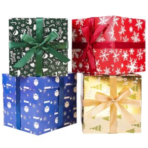 jwscysy assorted designs christmas gift boxes with lids, tissue papers and ribbons, medium square gift boxes - 4 pcs (8.7 inch), gift wrapping christmas holiday new year presents party favor boxes.