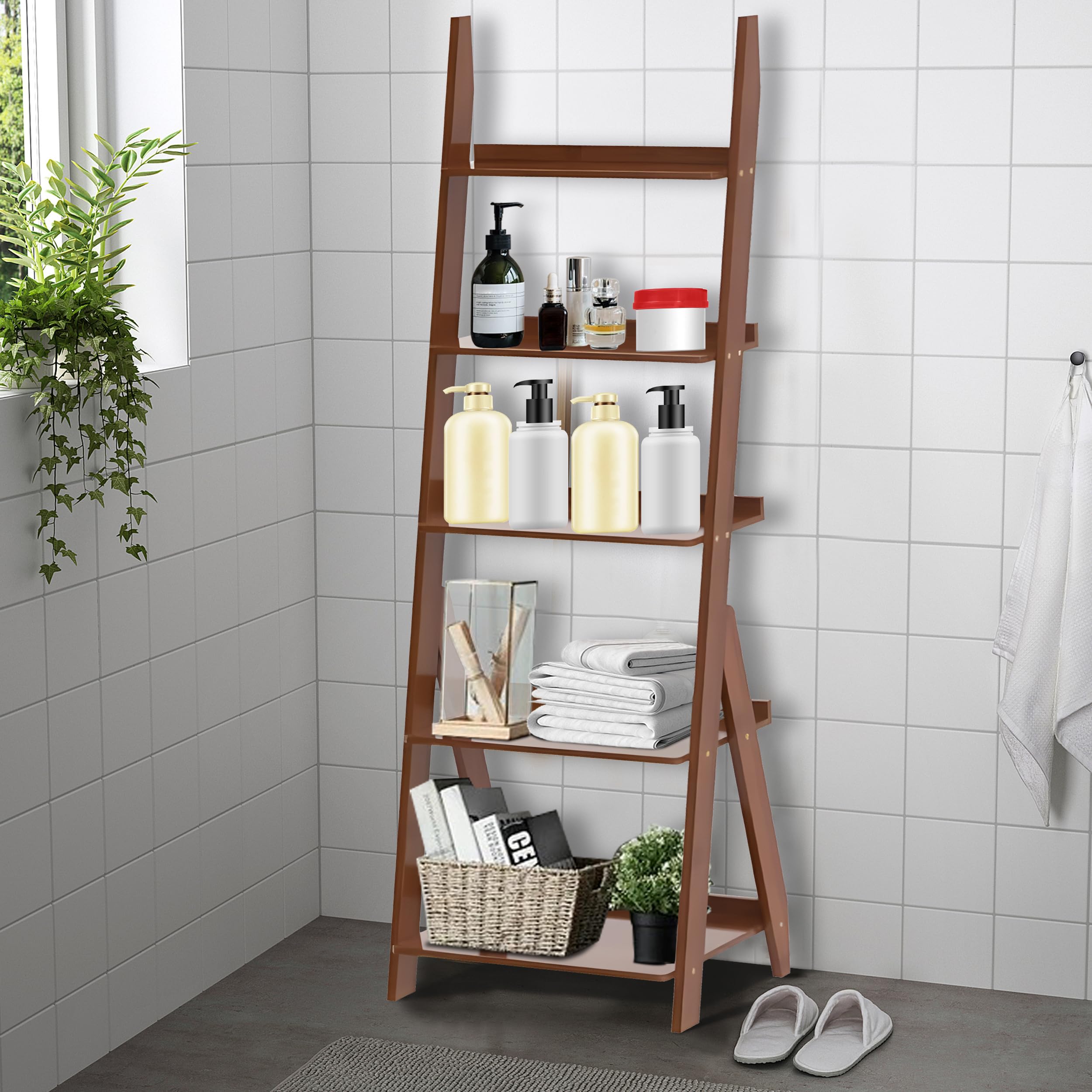 DOUSY-5-Tier Ladder Shelf Bookcase, Bamboo Ladder Bookshelf Leaning Bookshelf, Freestanding Storage Shelf Boho Bookshelf for Living Room, Home Office, Bedroom, Balcony, Walnut