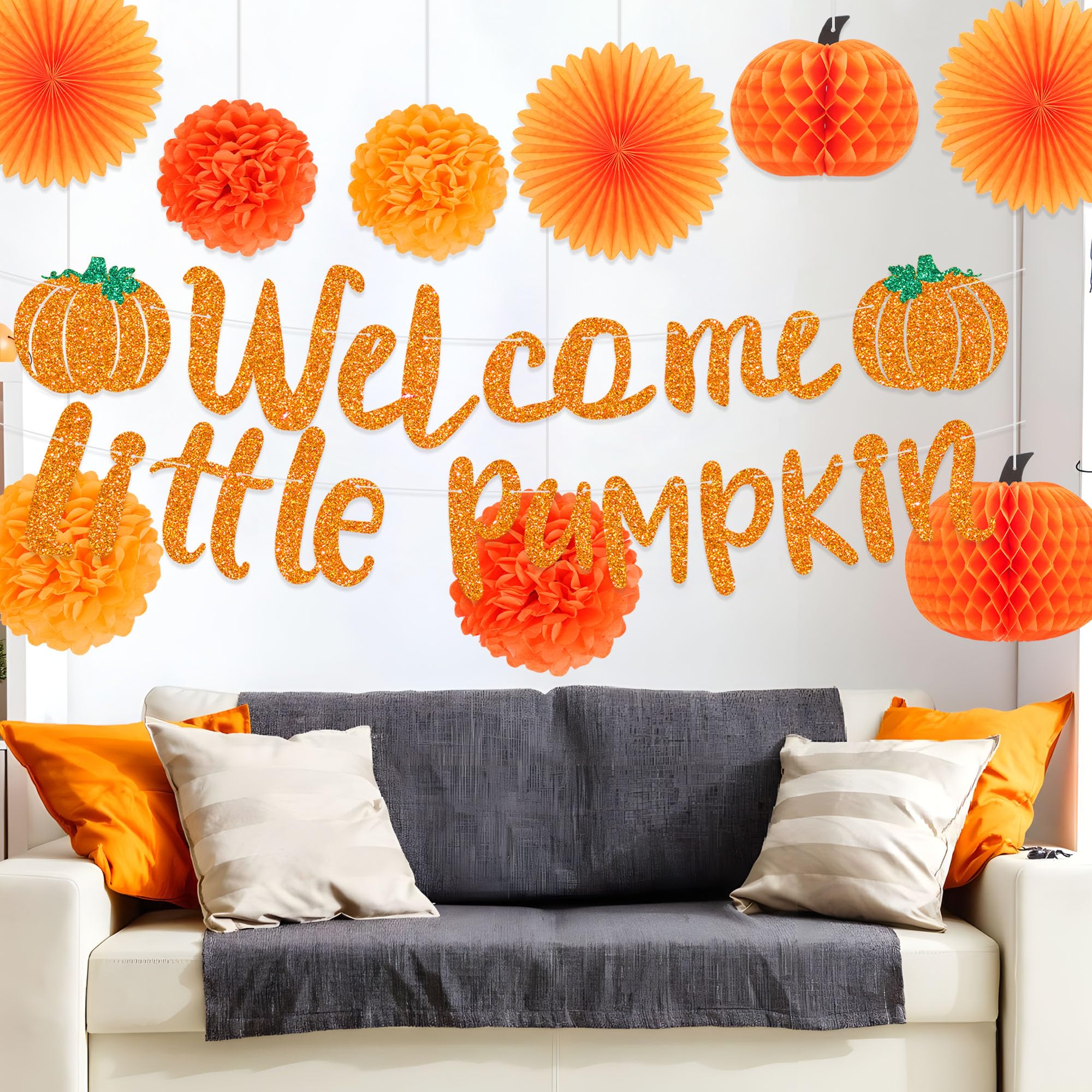 Little Pumpkin Baby Shower Decorations Include Little Pumpkin Banner Pumpkin Honeycomb Balls Tissue Pom Poms Flowers Paper Fans for Fall Theme Baby Shower Little Pumpkin Birthday Party Decoration