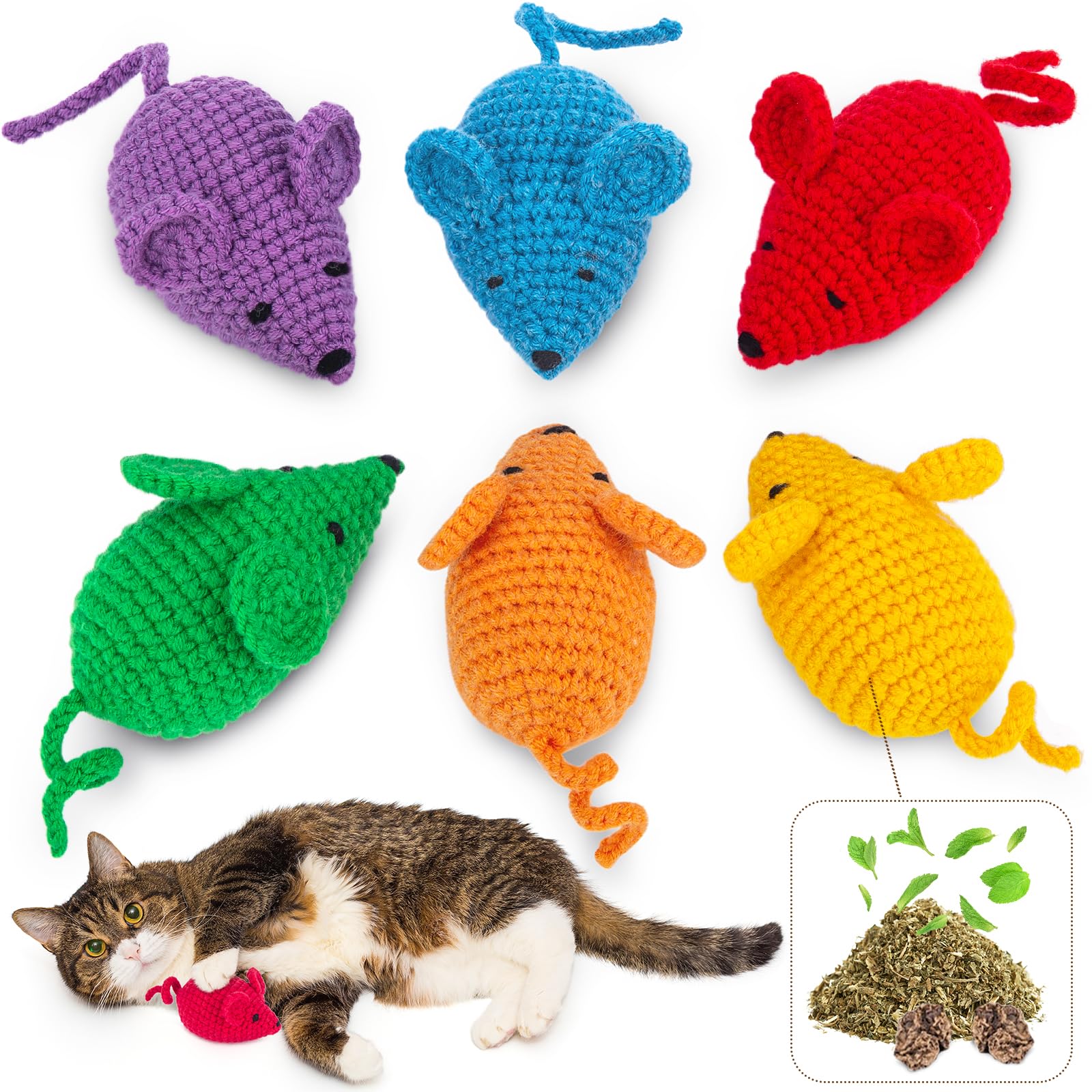 Retro Shaw Catnip Toys Mice,Interactive Cat Toys for Indoor Cats Kitten,6 Pack Woolen Yarn Crochet Mouse Catnip Animals Toys,Cat Nip Chew Toys for Kitten Teething Cleaning