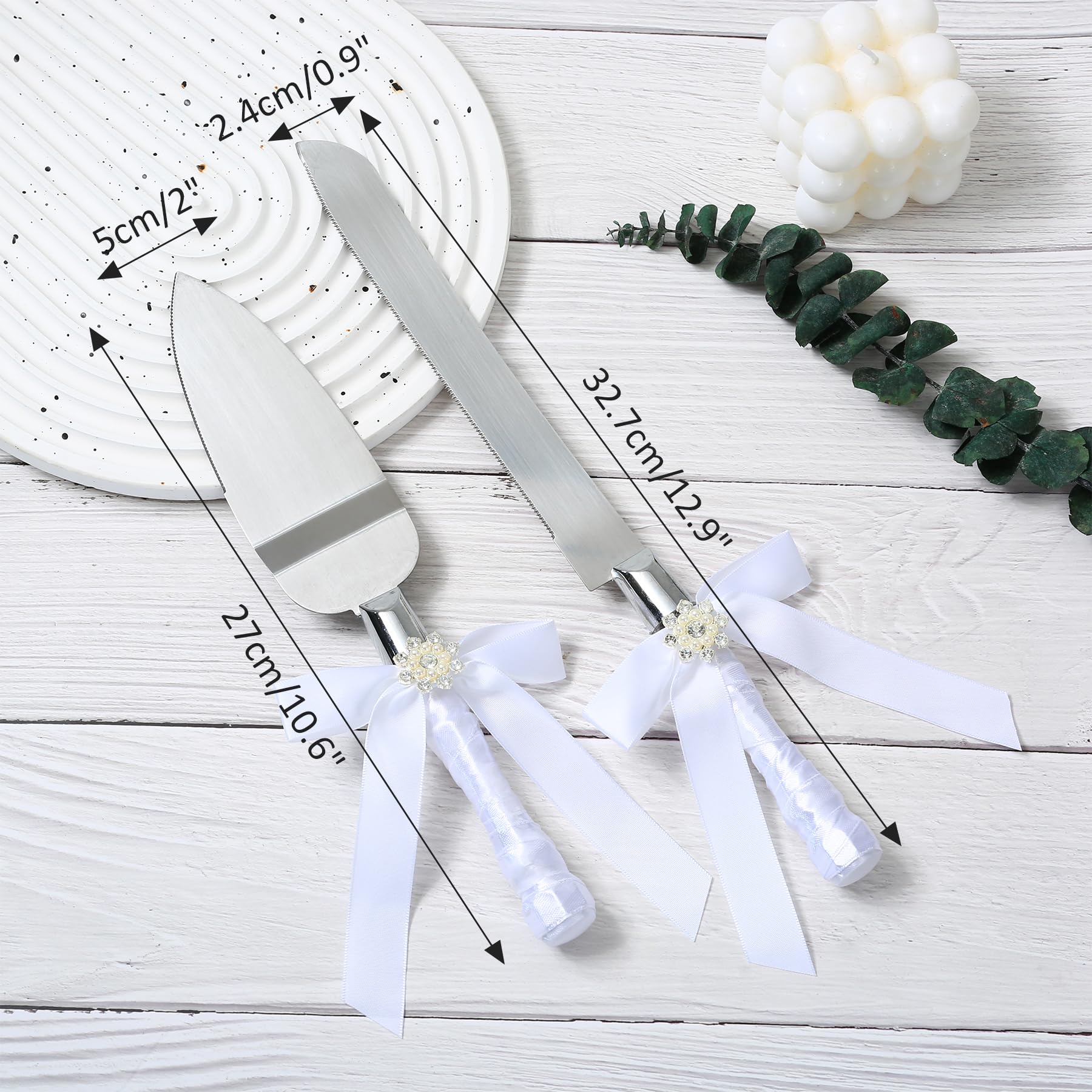 SANDOO Rustic Wedding Cake Knife and Server Set with Pearl Bowknot Decor - Cake Cutting Set for Wedding,Wedding Knife Set for Bride And Groom, Knife and Cake Server Set Cake Cutter for Wedding