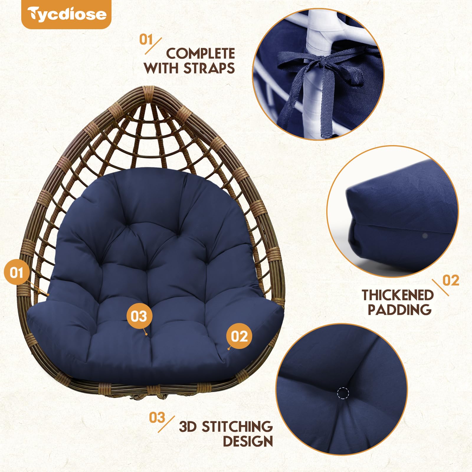 Tycdiose Egg Chair Cushion Replacement, Waterproof Outdoor Hanging Egg Chair Cushion Hammock Swing Chair Cushion Pads, U-Shaped Thickened Cushions for Hanging Egg Chair, 47x33x7 Inches (Navy Blue)