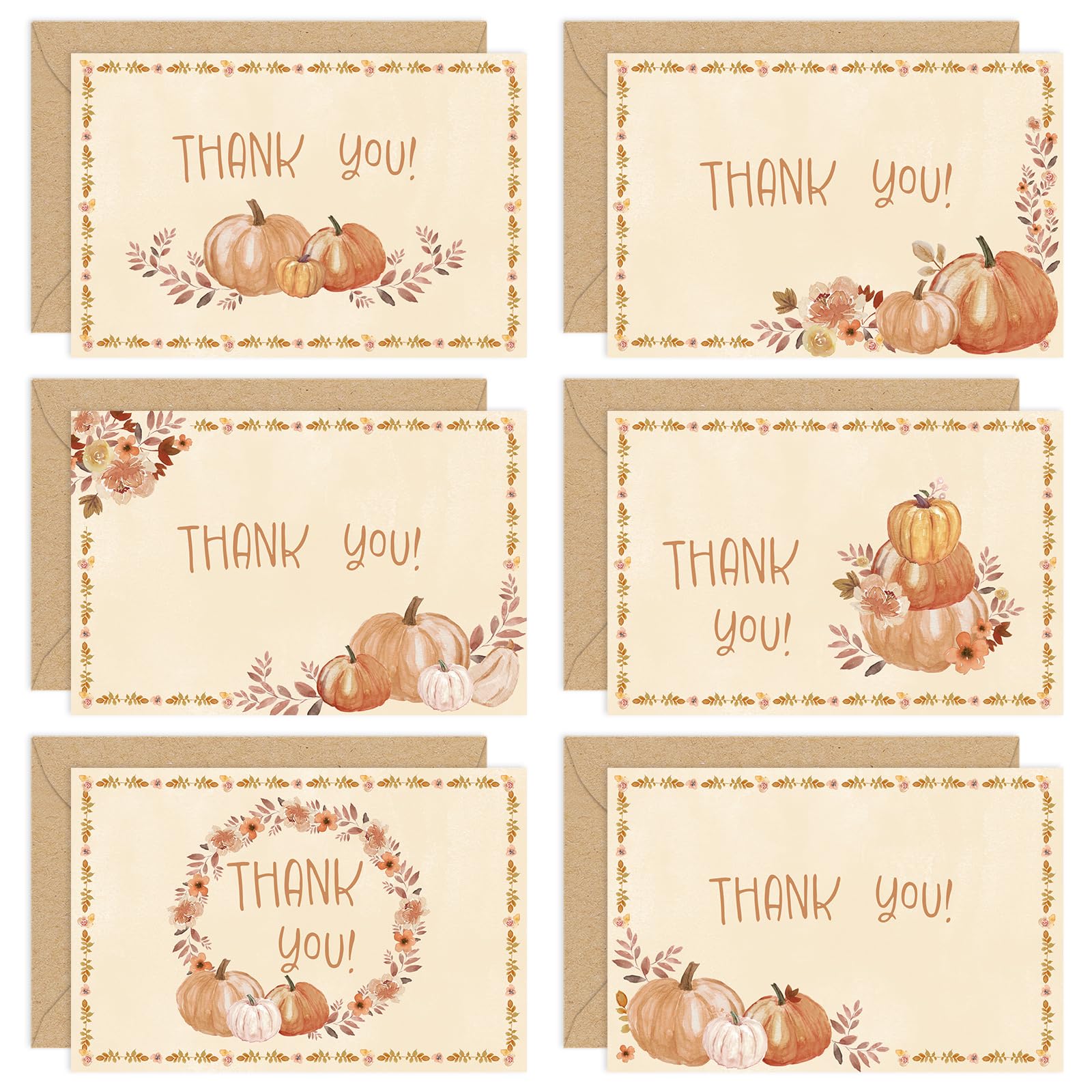 Whaline 36 Pack Fall Thank You Cards Watercolor Pumpkin Greeting Cards Blank Note Cards with Envelope & Stickers for Autumn Thanksgiving Party Supplies, 4 x 6 Inch