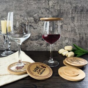 KIKINIKO 6 Pack Wine Glass Covers Funny - Fun Wooden Wine Glass Covers to Keep Bugs Out with Bamboo Toppers - Wine Accessories for Parties, Housewarming Gifts