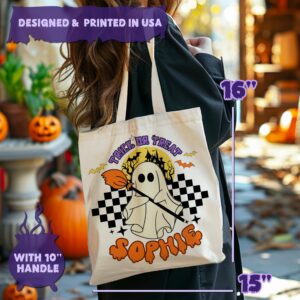 Personalized Halloween Canvas Tote Bags - Custom Name Trick or Treat Candy Totes with Pumpkin, Witch, Black Cat, Castle, Skeleton, Ghost, Reusable 15"X16" Gift Bag