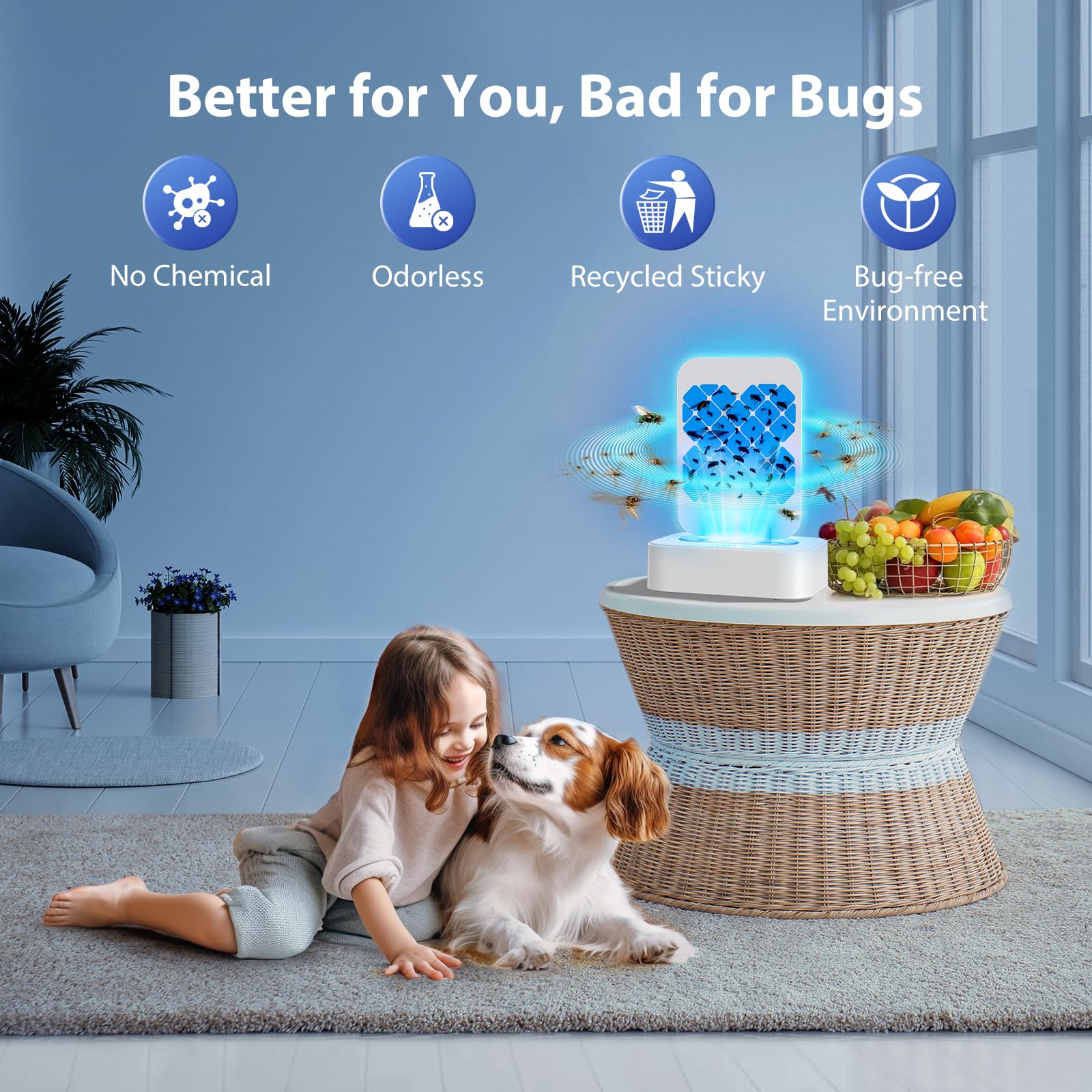 Fruit Fly Traps for Indoors, Rechargeable Gnat Traps for House Indoor with Night Light Flying Insect Catcher for Home Plants Gnats Moths Mosquitos Pest Control with Glue Cards