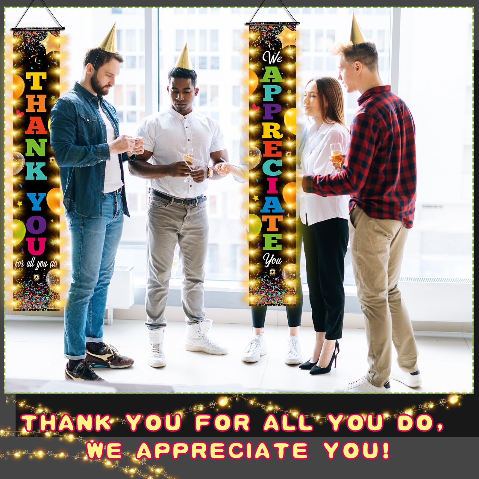 Tingjoo 2 Pcs Pastor Lighted Thank You Door Banner We Appreciation You Sign for Customer Service Week LED Thank You for All You Do Hanging decor for Employee Appreciation Xmas Party, 12 x 71"(Black)