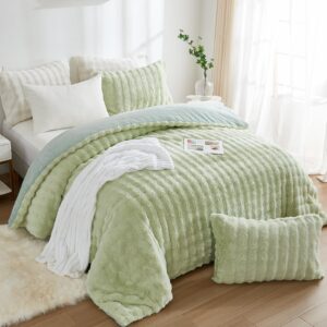 Bedbay Faux Fur Comforter Set King Size Sage Green Comforter Luxury Rabbit Fur Plush Fuzzy Furry Bedding Set 3 Pieces Soft Warm Shaggy Velvet Reversible Quilt Duvet Set for Boys Girls Kids