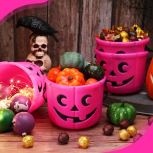 Jenaai 4 Halloween Trick or Treat Buckets Halloween Pumpkin Buckets Halloween Party Favors Pumpkin Face Candy Basket Plastic Pail Candy Bowl Holder with Handle or Party Decoration (Pink)