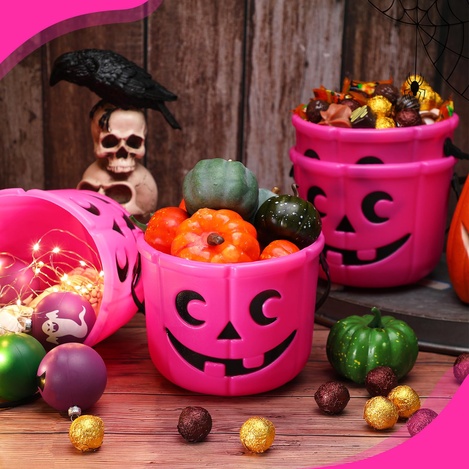 Jenaai 4 Halloween Trick or Treat Buckets Halloween Pumpkin Buckets Halloween Party Favors Pumpkin Face Candy Basket Plastic Pail Candy Bowl Holder with Handle or Party Decoration (Pink)