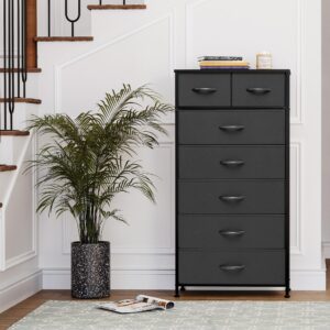 Pellebant Dresser for Bedroom with 7 Drawers, Tall Dresser Vertical Storage Tower, Sturdy Metal Frame, Fabric Storage Bins with Plastic Handle, Wooden Top, Organizer Unit for Closet/Hallway, Black