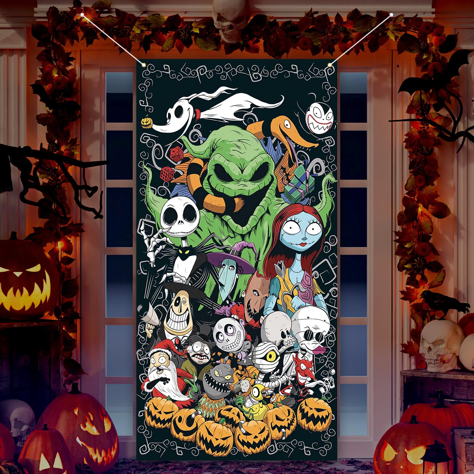 Nightmare Before Christmas Halloween Door Cover Jack Skellington Photo Backdrop Halloween Birthday Party Decorations and Supplies for Home