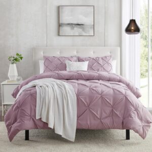 Clara Clark Dusty Purple Duvet Cover Queen Size - Pintuck Queen Duvet Cover Set, 3 Piece Double Brushed Duvet Covers with Button Closure, 1 Pinch Pleated Duvet Cover 90x90 inches and 2 Pillow Shams