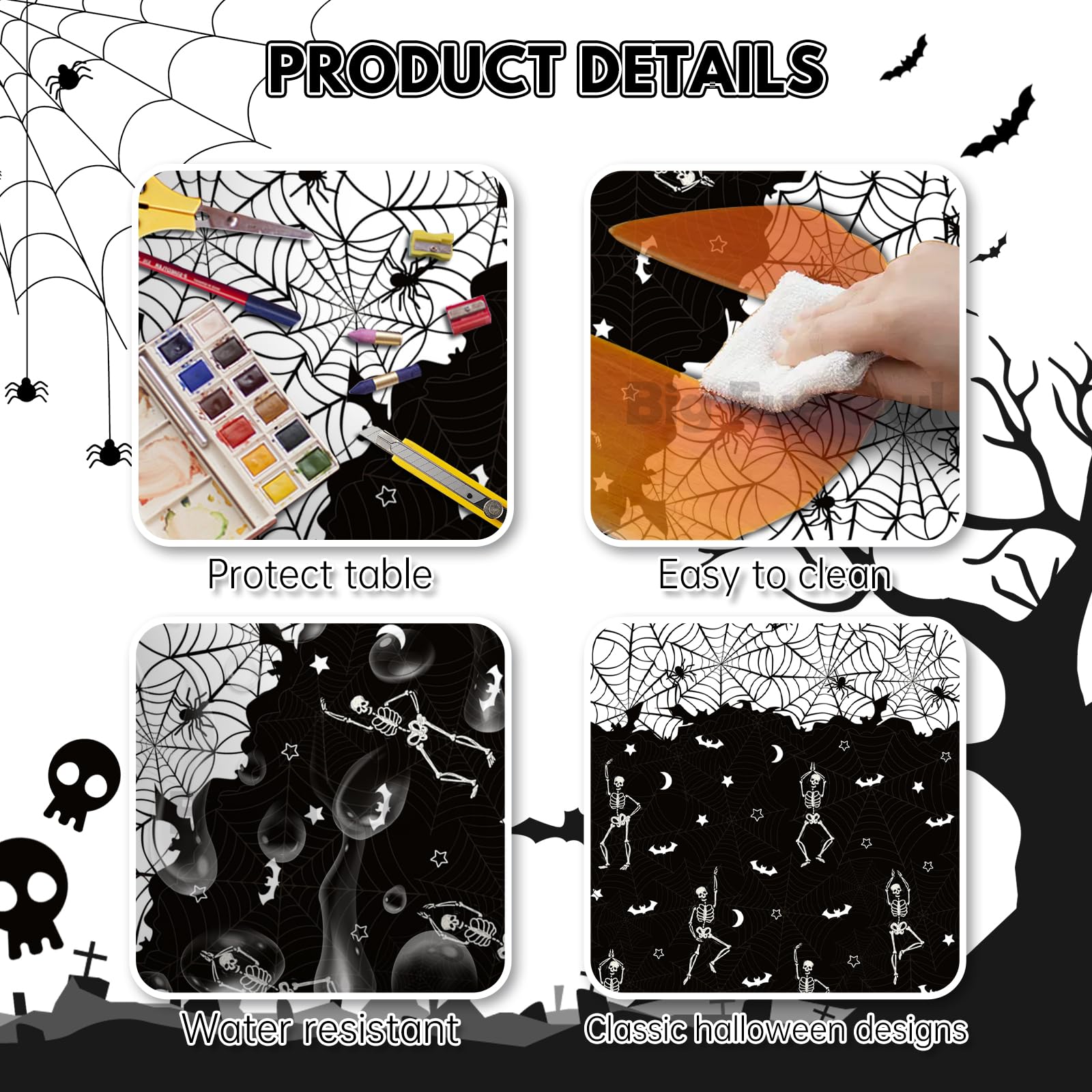 Disposable Halloween Skeleton Skull Tablecloth Plastic Black Rectangle Vinyl Table Cloths for Birthday Party Decoration Supplies Spider Web Scary Bat Table Cover