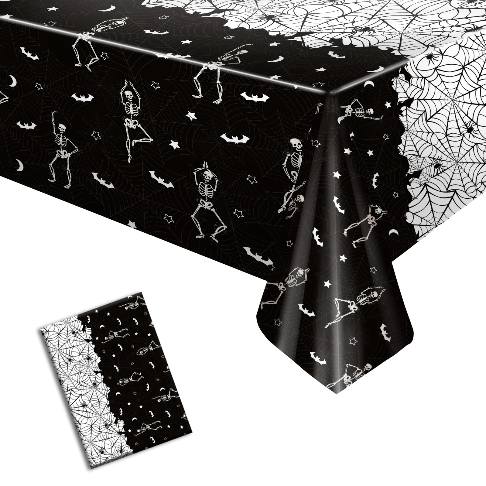 Disposable Halloween Skeleton Skull Tablecloth Plastic Black Rectangle Vinyl Table Cloths for Birthday Party Decoration Supplies Spider Web Scary Bat Table Cover