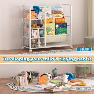 Livilord Kids Bookshelf and Toy Organizer, 3 Tier Bookshelf for Kids, Large Capacity Removable Book Shelf for Kids Rooms, Bedroom, Playroom, Nursery, Metal Toy Storage Organizer with Bookshelf, White