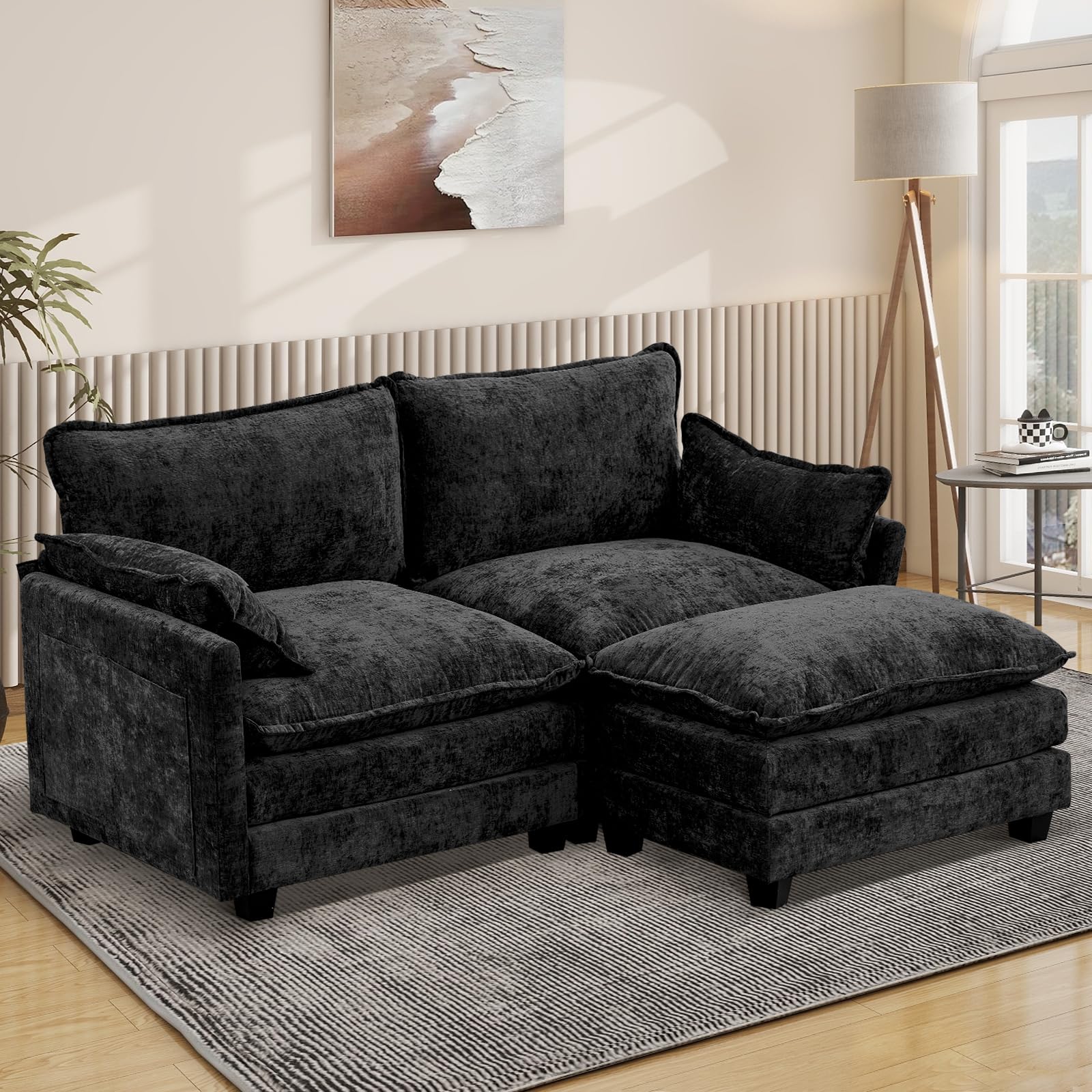 77.6" Sectional Sofa Cloud Couch with Ottoman, Comfy Deep Seat Sofa L Shaped Couch Modern Chenille Sofa Sleeper 2-Seat Loveseat Sectional Sofa Couch for Living Room Apartment, Black Sofa Couch