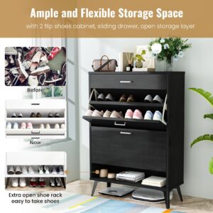 Lamerge Shoe Storage Cabinet for Entryway, Free Standing Shoe Organizer with 2 Flip Drawers，Hidden Shoe Rack Storage Organizer for Doorway Hallway, Black