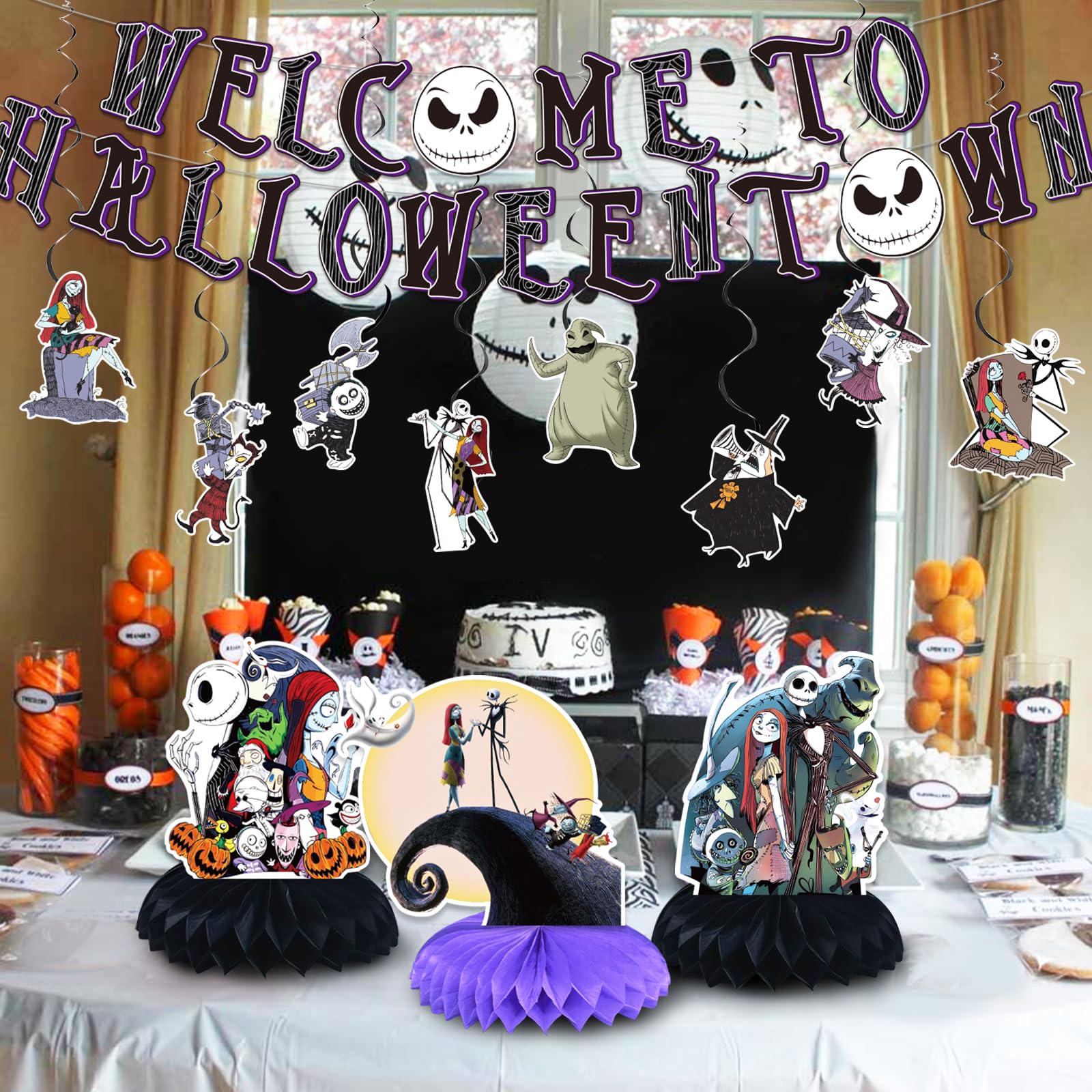 Welcome to Halloween Town Party Decorations,Christmas Nightmare Party Supplies Halloween Banner Hanging Swirls and Honeycomb for Halloween Baby Shower Birthday Party Supplies