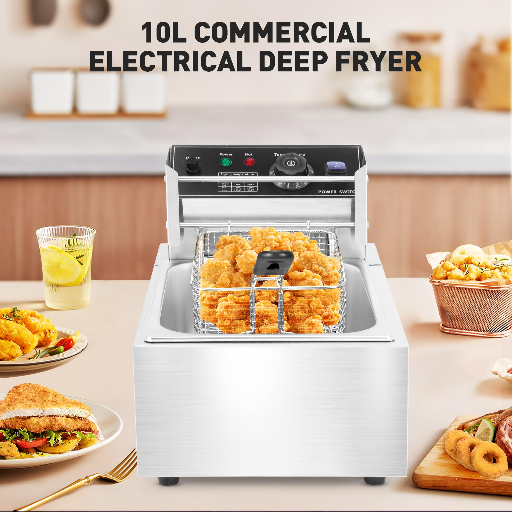 Rengue Electric Deep Fryer, 10L Large Countertop Deep Fryer with Basket, Lid, Commercial Deep Fryer with Constant Temperature Control System 110V, 1800W