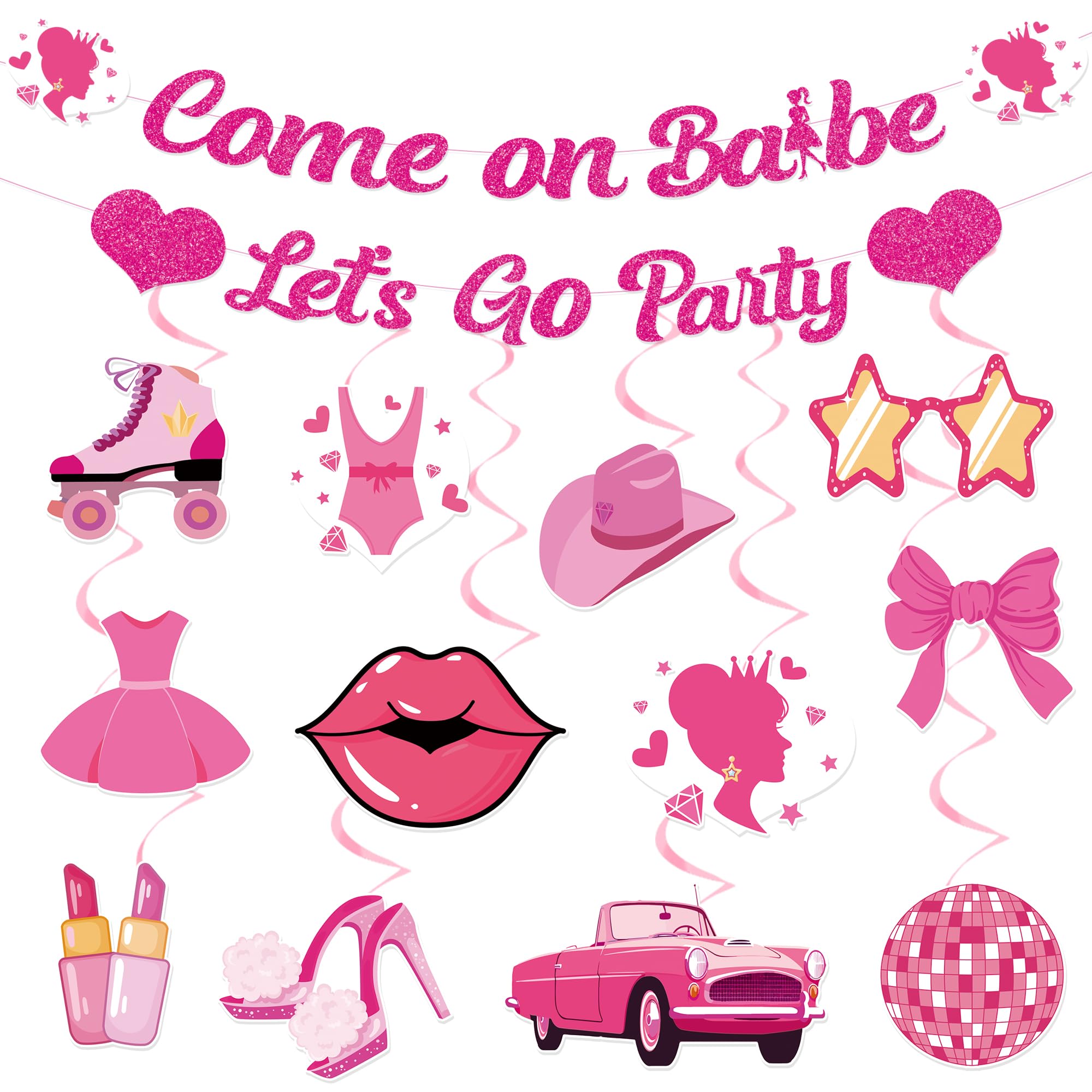 Come On Babe Let's Go Hot Pink Princess Birthday Banner and Hanging Swirl Hot Pink Girls Party Supplies Party Decorations for Bachelorette Bridal Shower Party Supplies