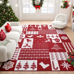 syalife 9x12 christmas rug for living room, bedroom, dining room, large red/white area rug, indoor festival machine washable rugs, 9'x12', patchwork pattern