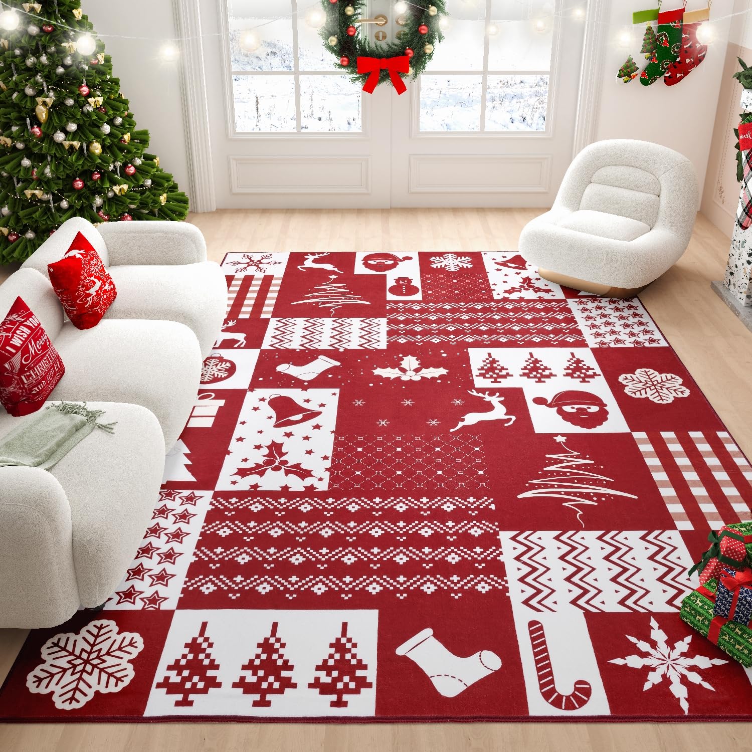 Syalife 9x12 Christmas Rug for Living Room, Bedroom, Dining Room, Large Red/White Area Rug, Indoor Festival Machine Washable Rugs, 9'x12', Patchwork Pattern