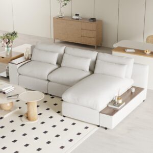 l-shaped modular sectional sofa with removable back cushions, 3 pillows and 2 storage spaces, suitable for living rooms, offices apartments