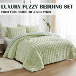 Bedbay Faux Fur Comforter Set King Size Sage Green Comforter Luxury Rabbit Fur Plush Fuzzy Furry Bedding Set 3 Pieces Soft Warm Shaggy Velvet Reversible Quilt Duvet Set for Boys Girls Kids