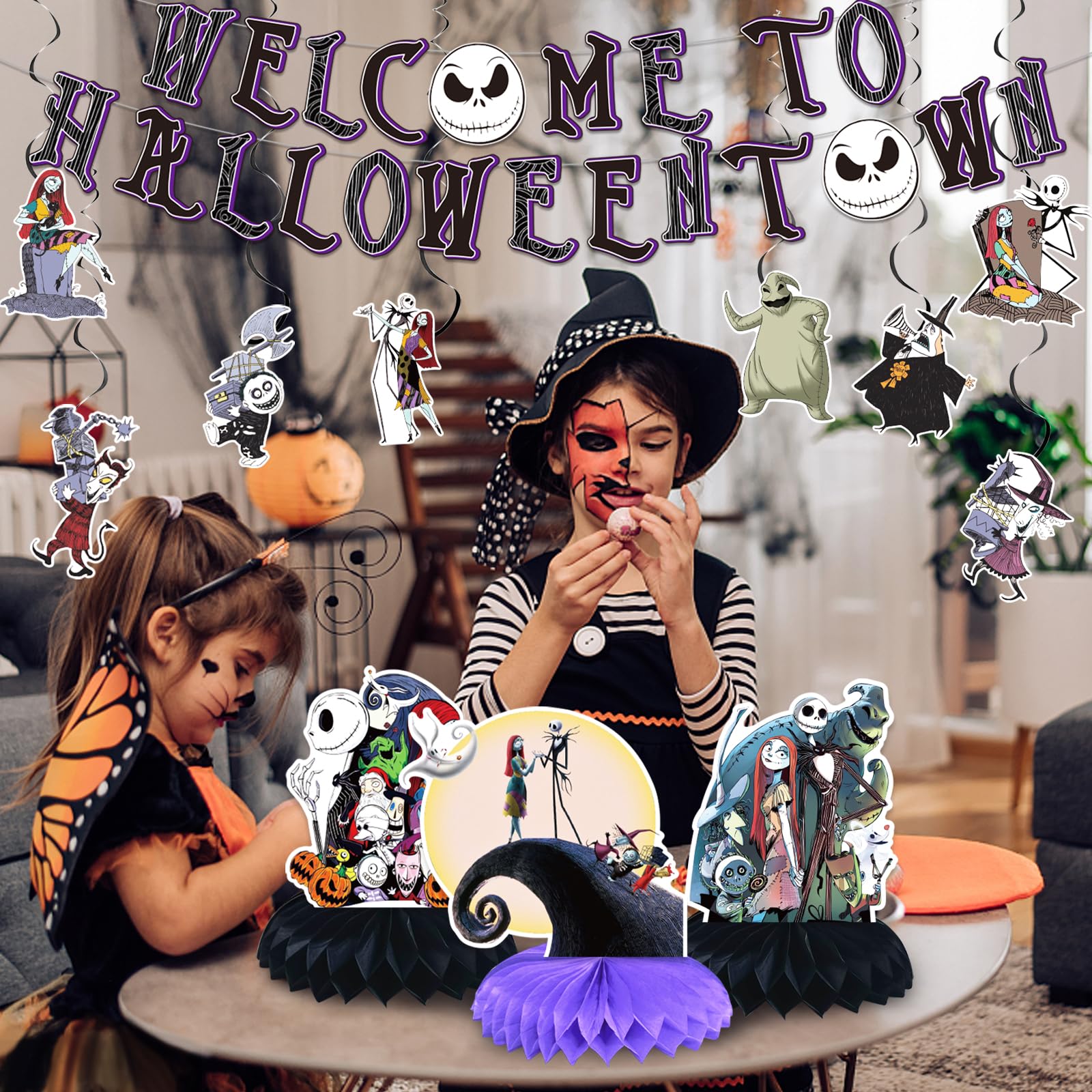 Welcome to Halloween Town Party Decorations,Christmas Nightmare Party Supplies Halloween Banner Hanging Swirls and Honeycomb for Halloween Baby Shower Birthday Party Supplies