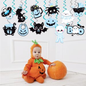 Halloween Baby Shower Hanging Swirls A Baby is Brewing Decorations 20Pcs Halloween Litlle Boo Hanging Decorations Blue Ghost Ceiling Streamers for Pregnancy Gender Reveal Party Supplies