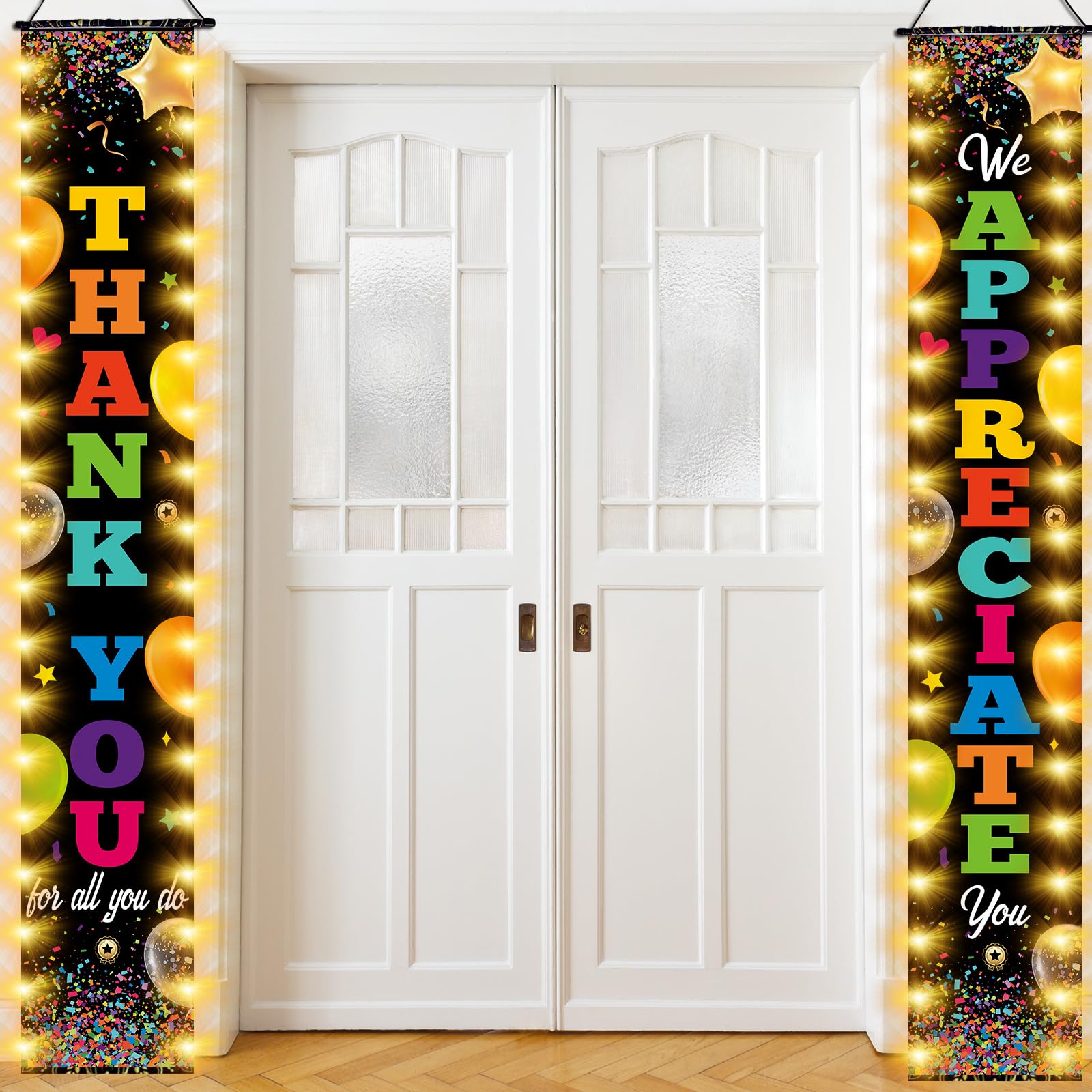 Tingjoo 2 Pcs Pastor Lighted Thank You Door Banner We Appreciation You Sign for Customer Service Week LED Thank You for All You Do Hanging decor for Employee Appreciation Xmas Party, 12 x 71"(Black)