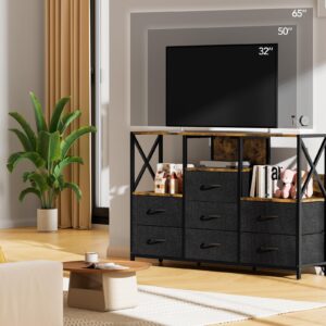 Black Dresser for Bedroom, 53" Dresser TV Stand with LED Light and Power Outlets, 7 Drawers Dressers, Fabric Chest of Drawers with Open Shelf, Large Dressers for Bedroom, Living Room