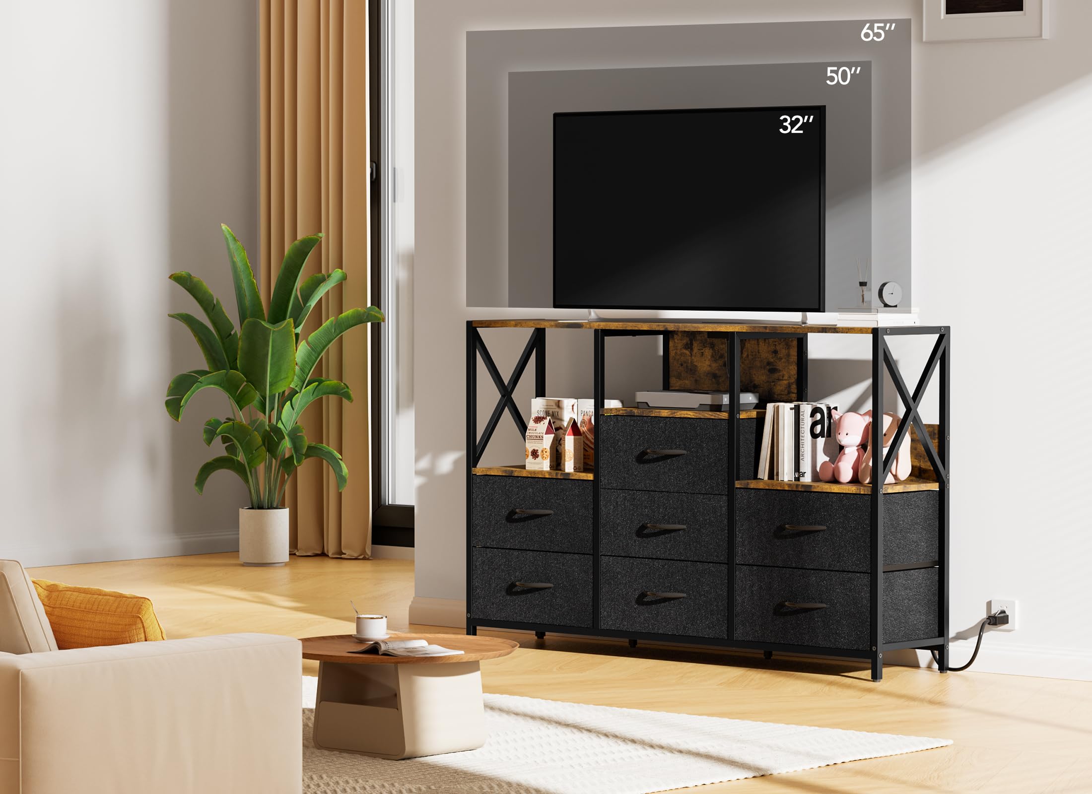 Black Dresser for Bedroom, 53" Dresser TV Stand with LED Light and Power Outlets, 7 Drawers Dressers, Fabric Chest of Drawers with Open Shelf, Large Dressers for Bedroom, Living Room