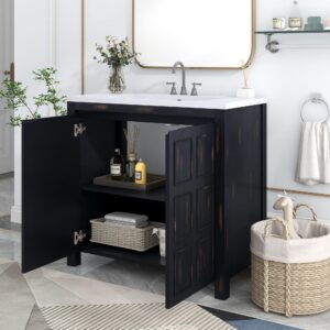 36 in Bathroom Vanity with Sink, 2 Doors and Adjustable Shelf, Wood Bathroom Sink Cabinet,Modern Freestanding Black Bathroom Vanities with Sink Combo