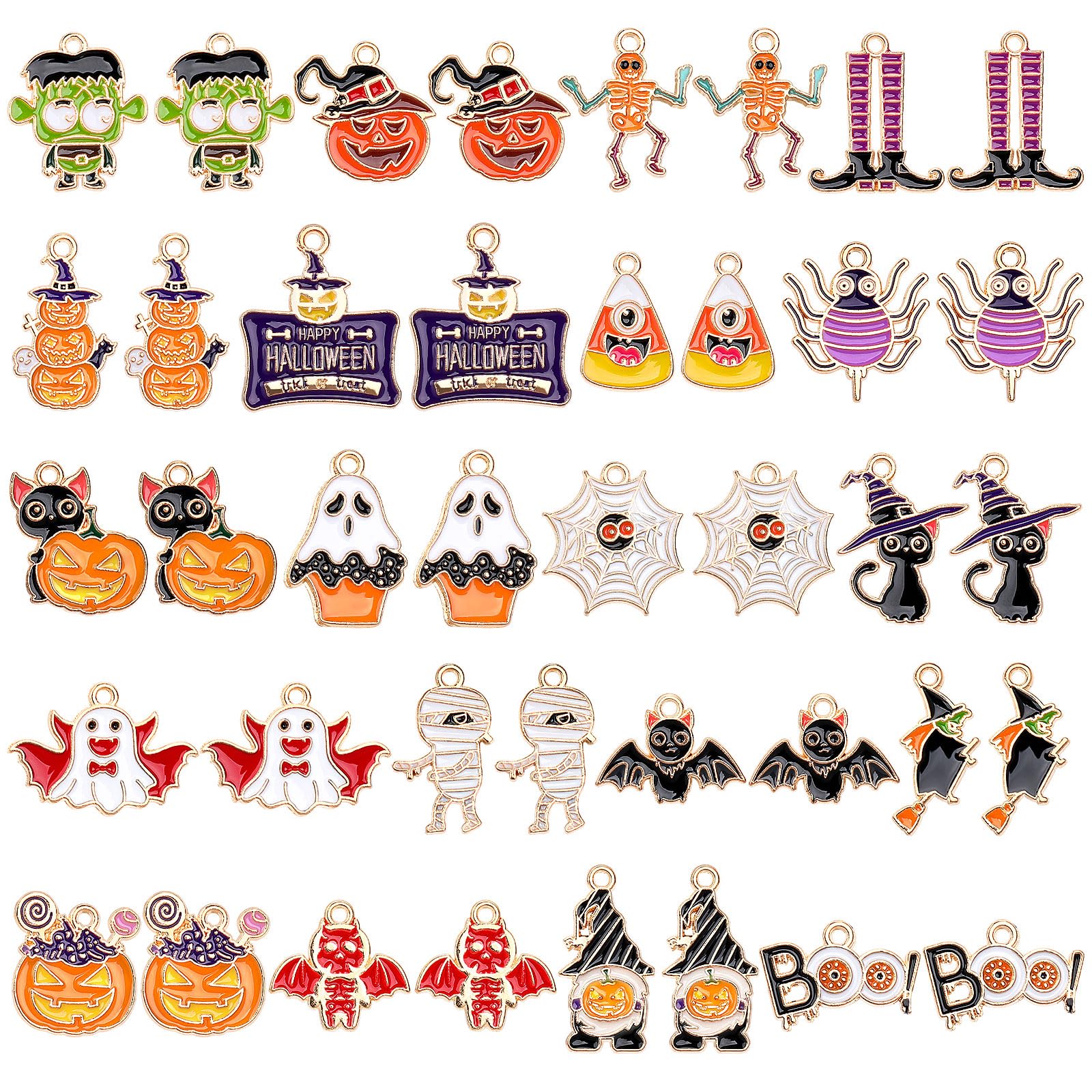 MARFOREVER 40 Pcs/20 Pairs Halloween Charms, Enamel Halloween Charms Bulk Pumpkin Bat Skeleton Witch Spider Candy Charm Pendants for Jewelry Bracelet Necklace Making