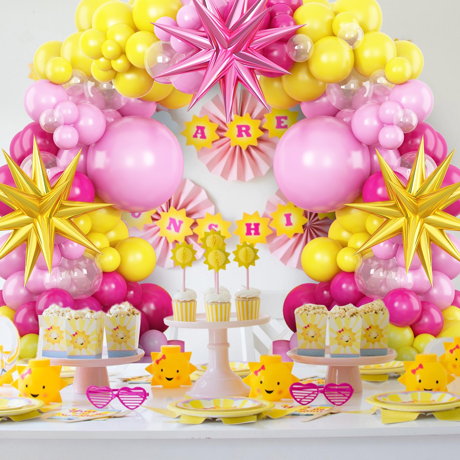 Hot Pink Yellow Balloon Arch Kit, Yellow Pink Clear Balloon Garland Kit with Large Pink Gold Star Foil Balloons, for Baby Shower Butterfly Fiesta Princess Birthday Wedding Bridal Party Decorations