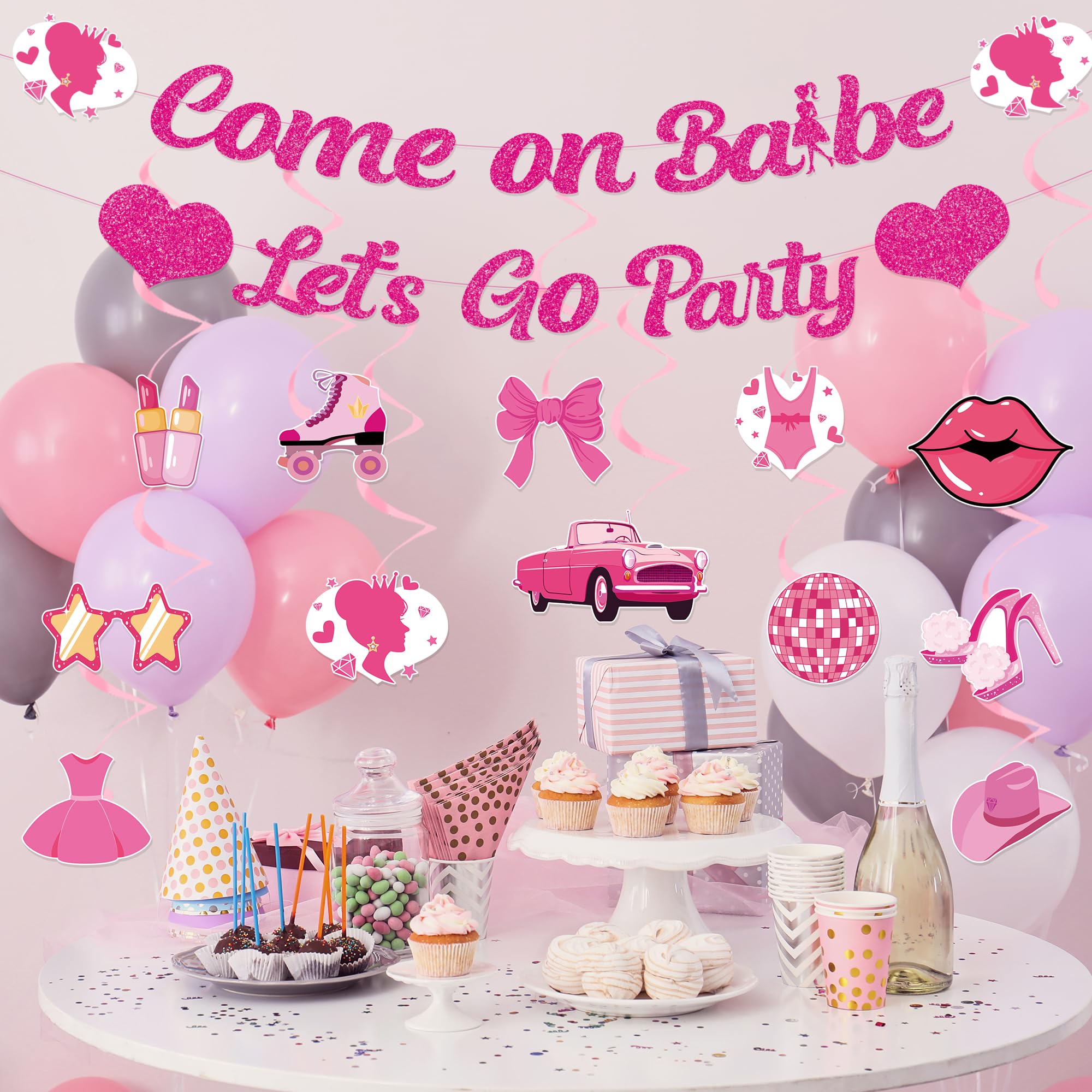 Come On Babe Let's Go Hot Pink Princess Birthday Banner and Hanging Swirl Hot Pink Girls Party Supplies Party Decorations for Bachelorette Bridal Shower Party Supplies