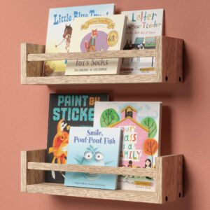 boswillon 15 inches nursery bookshelves, floating kids bookshelves for wall set of 2, baby room wall decor, wall mounted wood shelves for books, toys and wall storage - rustic brown