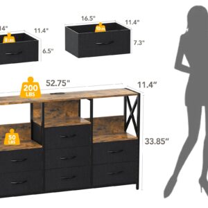 Black Dresser for Bedroom, 53" Dresser TV Stand with LED Light and Power Outlets, 7 Drawers Dressers, Fabric Chest of Drawers with Open Shelf, Large Dressers for Bedroom, Living Room