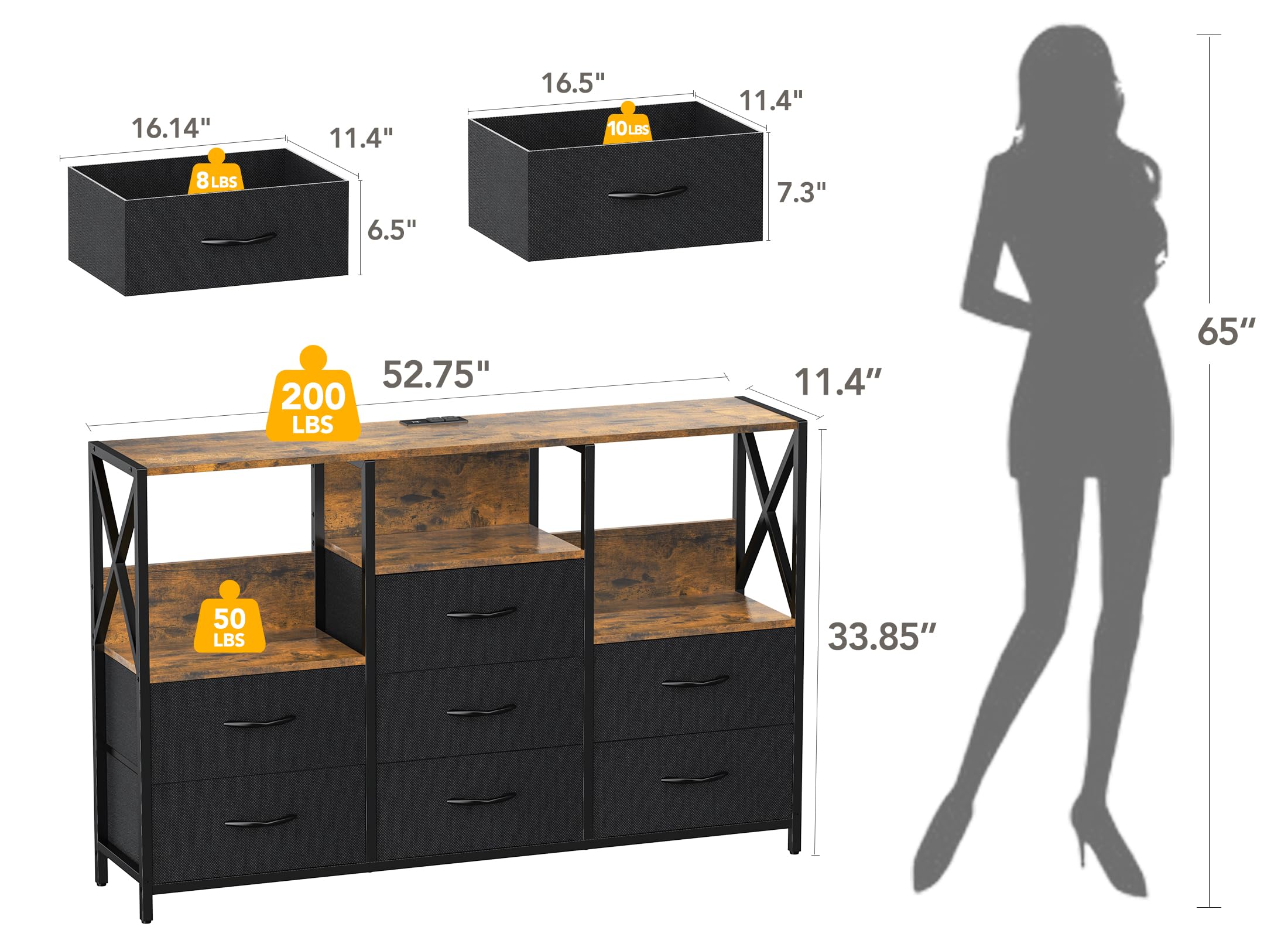 Black Dresser for Bedroom, 53" Dresser TV Stand with LED Light and Power Outlets, 7 Drawers Dressers, Fabric Chest of Drawers with Open Shelf, Large Dressers for Bedroom, Living Room