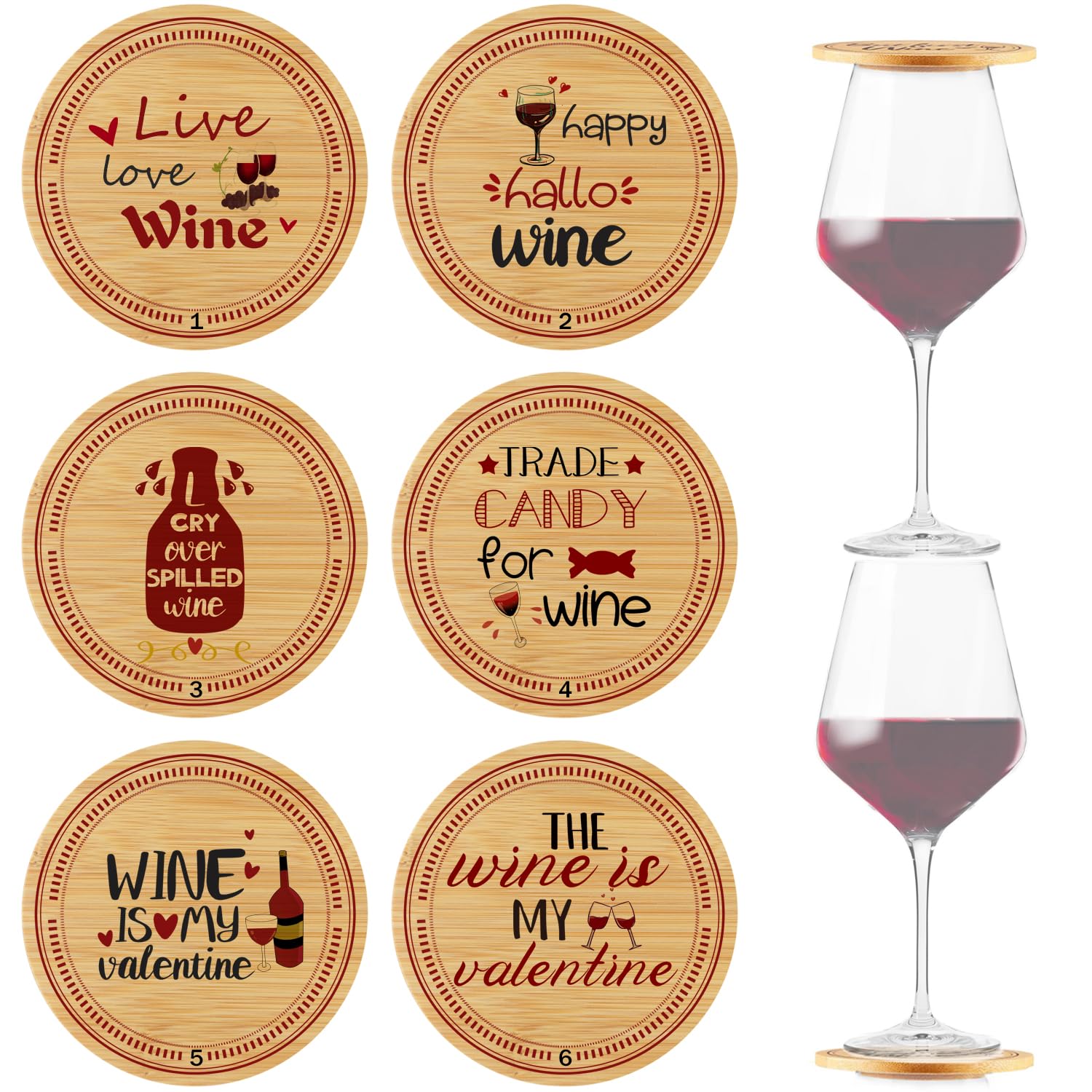 KIKINIKO 6 Pack Wine Glass Covers Funny - Fun Wooden Wine Glass Covers to Keep Bugs Out with Bamboo Toppers - Wine Accessories for Parties, Housewarming Gifts