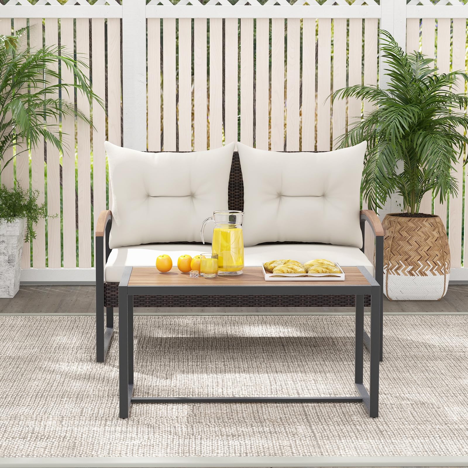 Tangkula 2 Pieces Patio Wicker Furniture Set, Heavy Duty Outdoor Cushioned Loveseat with Acacia Wood Coffee Table, for Backyard, Balcony, Deck and Poolside (Off White)