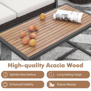 Tangkula 2 Pieces Patio Wicker Furniture Set, Heavy Duty Outdoor Cushioned Loveseat with Acacia Wood Coffee Table, for Backyard, Balcony, Deck and Poolside (Off White)