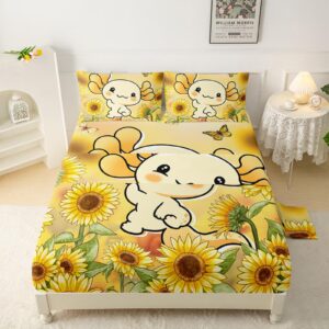 QOOMO Cartoon Axolotl Soft Microfiber Bed Sheets Sunflower Kids Sheets Set Kawaii Animal Super Soft Kids Bedding Set Breathable Room Decoration Queen Size 1 Fitted Sheet, 1 Flat Sheet, 2 Pillow Cases