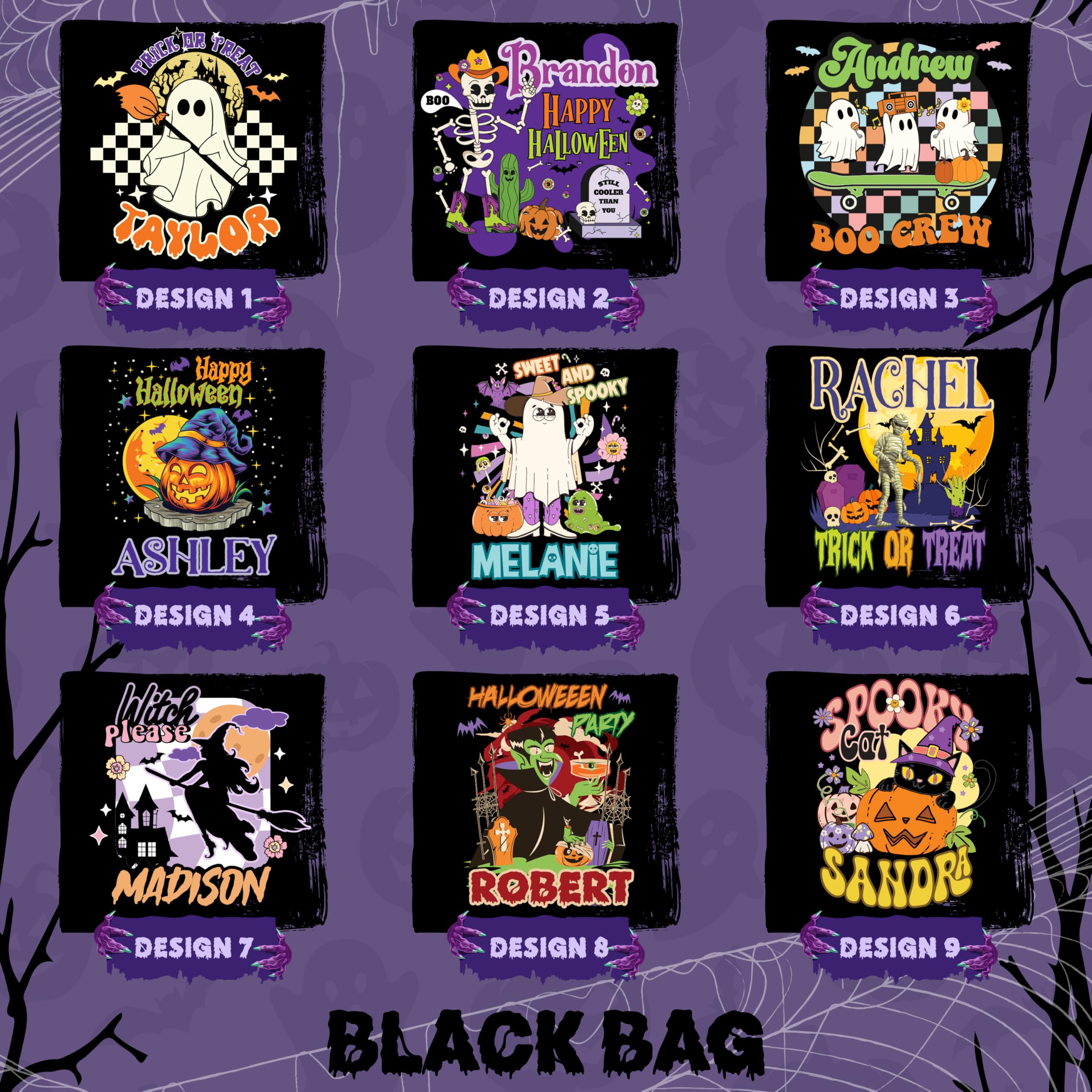 Personalized Halloween Canvas Tote Bags - Custom Name Trick or Treat Candy Totes with Pumpkin, Witch, Black Cat, Castle, Skeleton, Ghost, Reusable 15"X16" Gift Bag